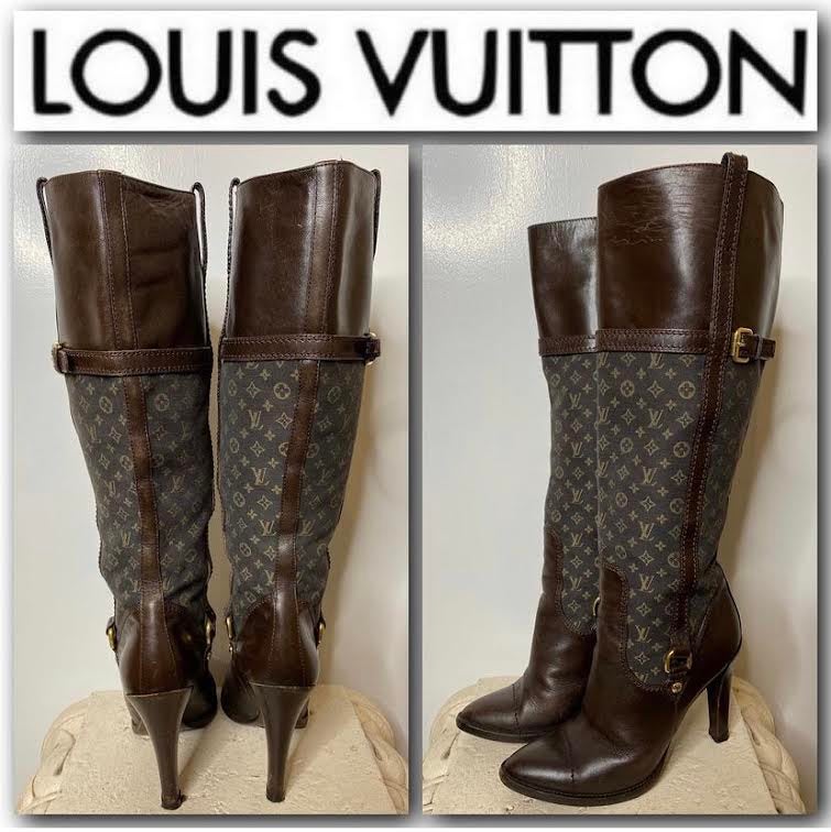 専門ショップ Louis 38 Size Boot Knee Leather and Canvas Monogram Vuitton 靴