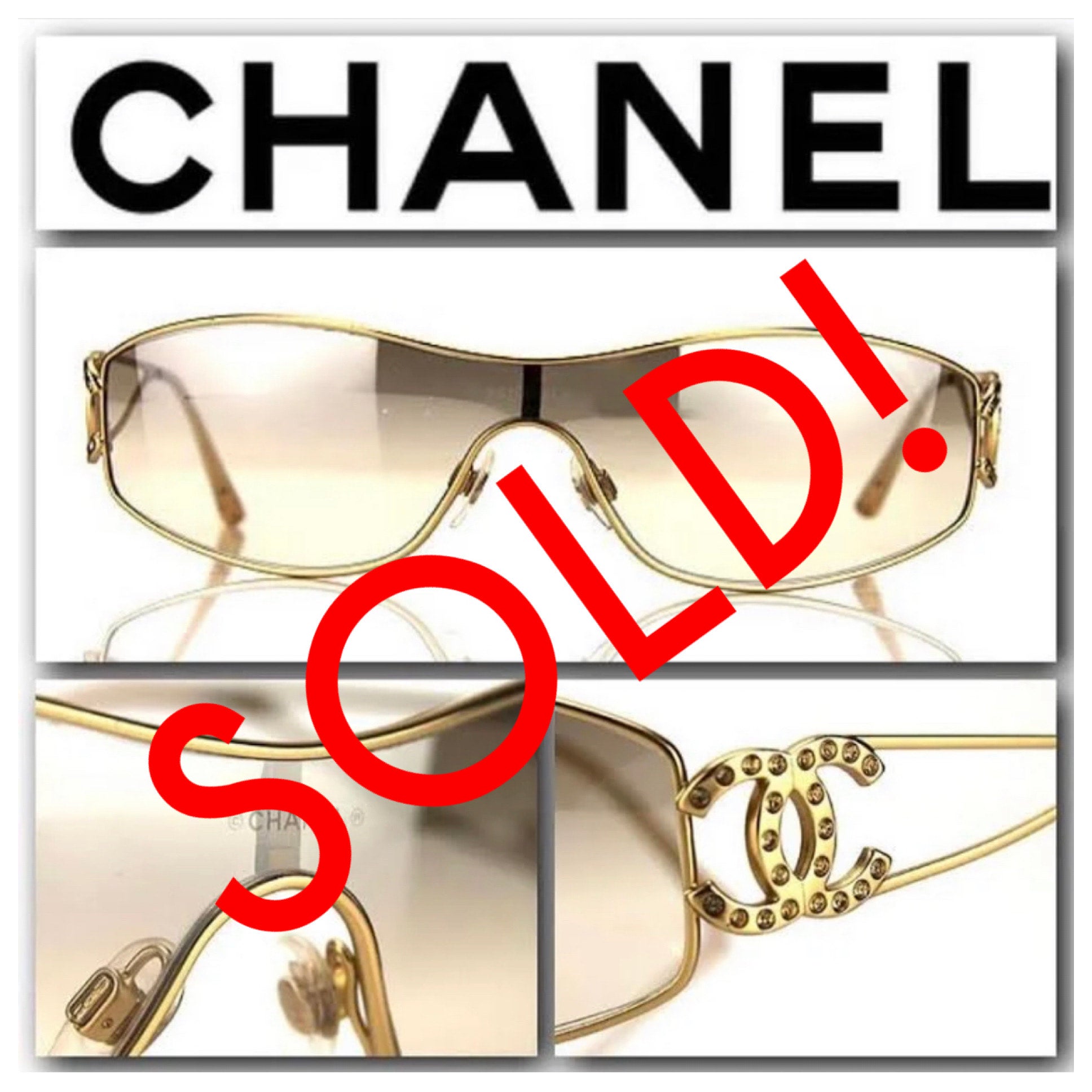 Chanel Gold Slimline Shield Sunglasses with Swarovski Crystal CC s Exquisitely Detailed