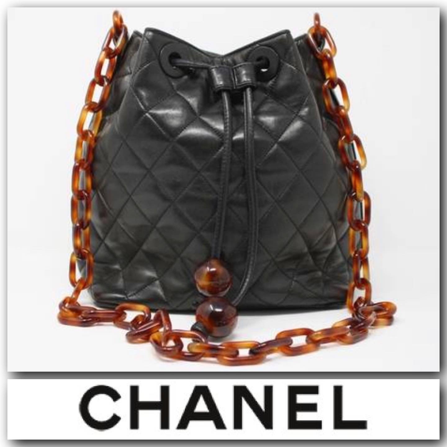 Chanel Vintage Lambskin Quilted Drawstring Bag with Tortoise Strap