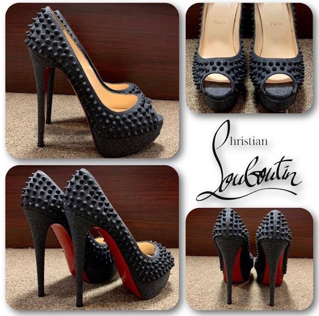 Christian Louboutin Charcoal Grey Wool Spike Lady Peep 150 Pump Platform Stilletos Size 38 1 2 Exquisitely Detailed